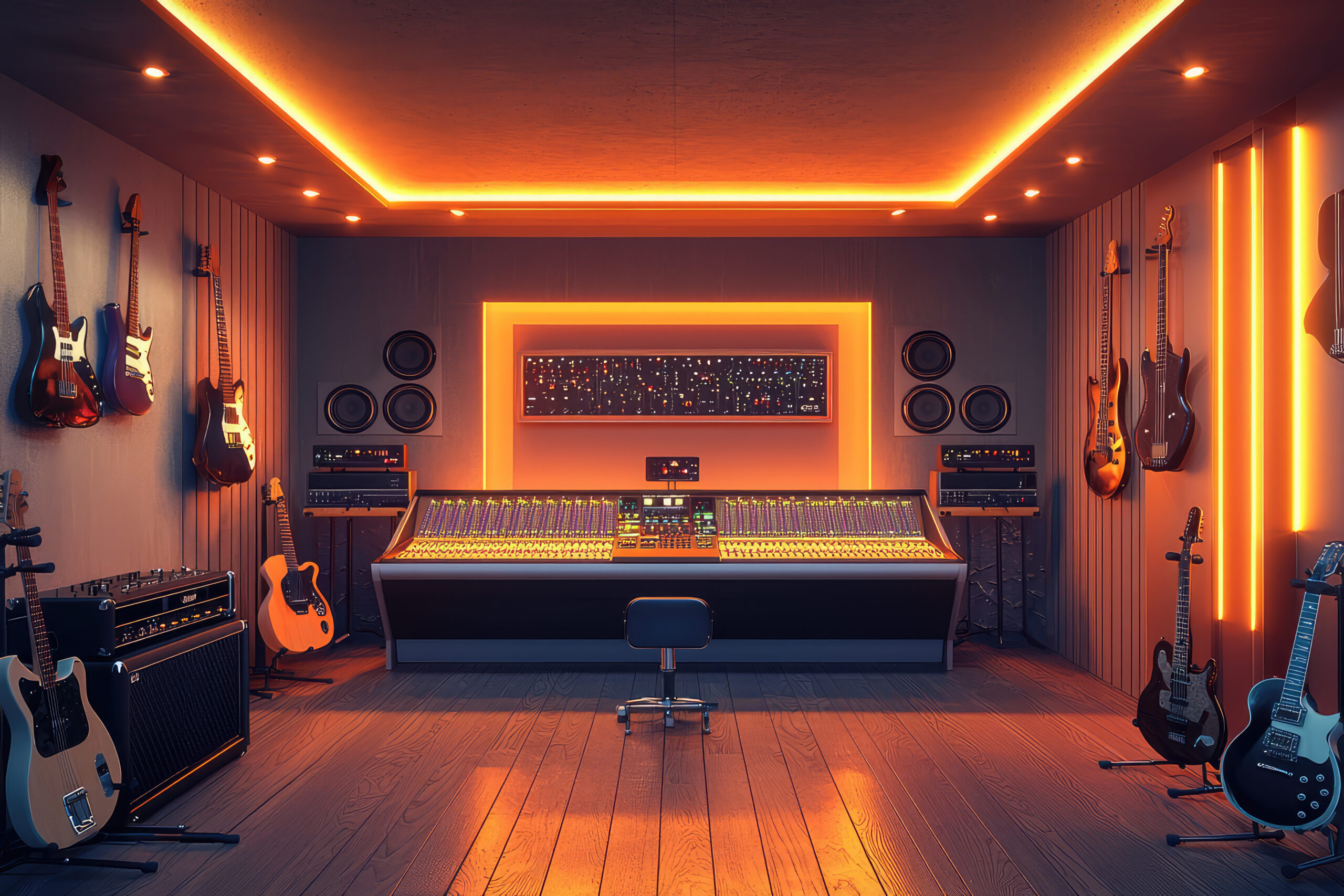 explore vibrant 3d music recording studio filled with instruments mixing consoles warm ambient lighting creativity