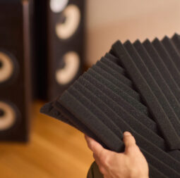 setting up audio equipment with soundproofing panels in a modern studio environment