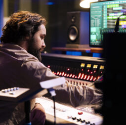 audio technician working on recording and editing new music in studio
