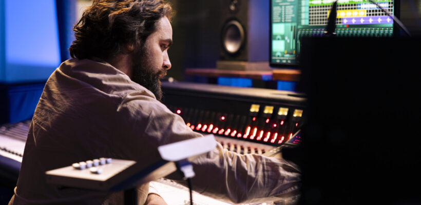 audio technician working on recording and editing new music in studio